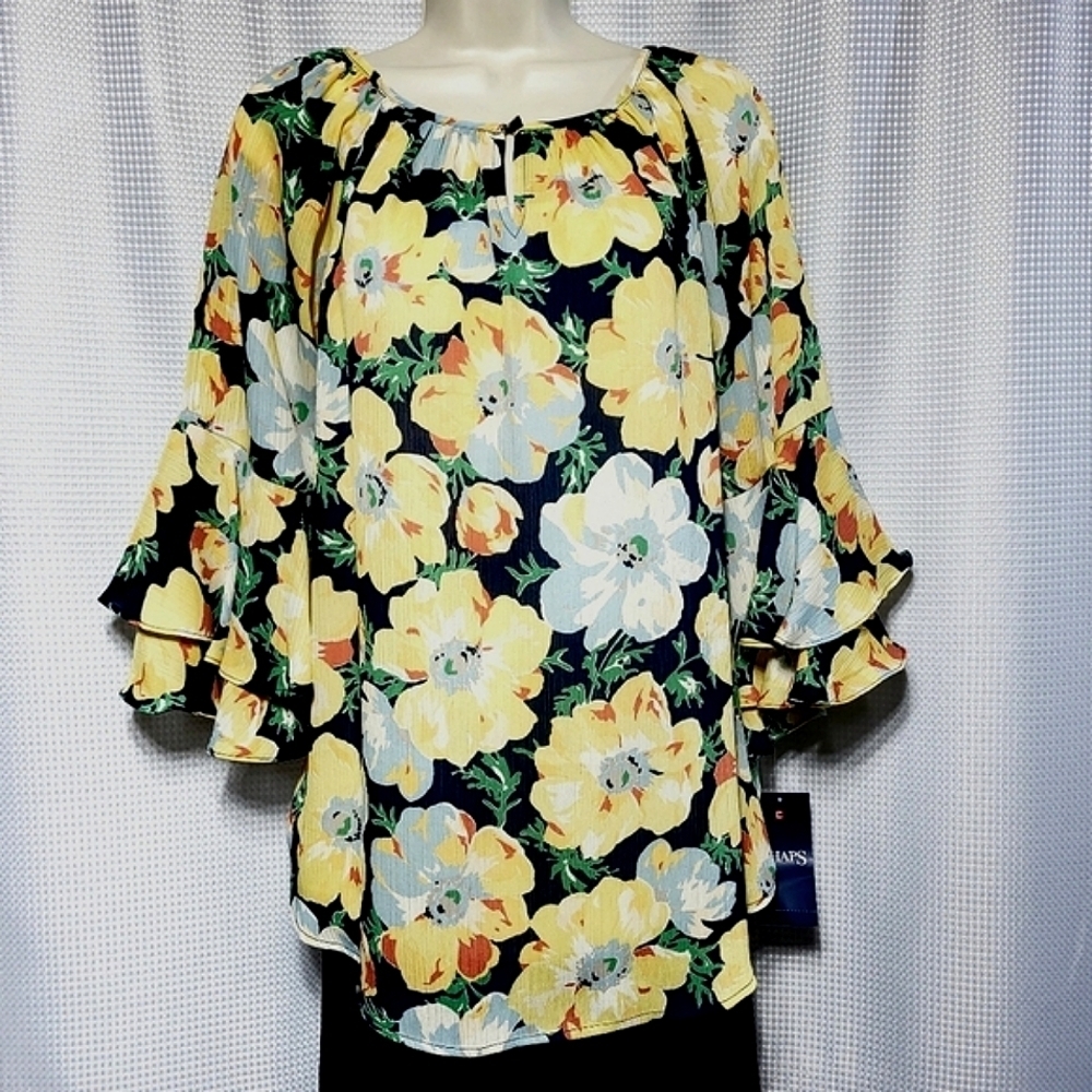 NWT CHAPS Sheer Floral Double Ruffle Bell Sleeve Pop Over Blouse (M)
